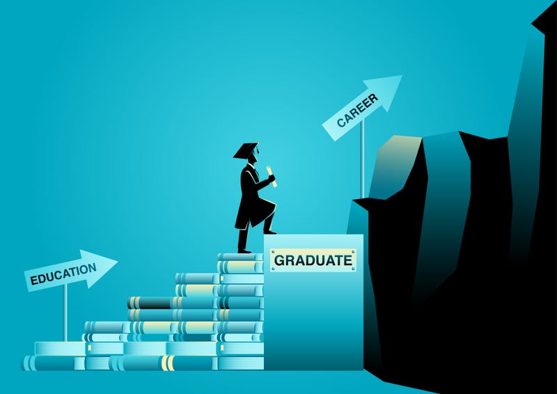 graduate climbing a stack of books to get their career