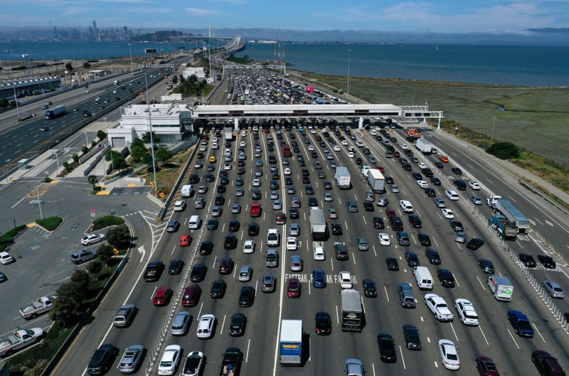 Traffic backs up at the San Francisco-Oakland Bay Bridge toll plaza along Interstate 80 on July 25, 2019 in Oakland, California