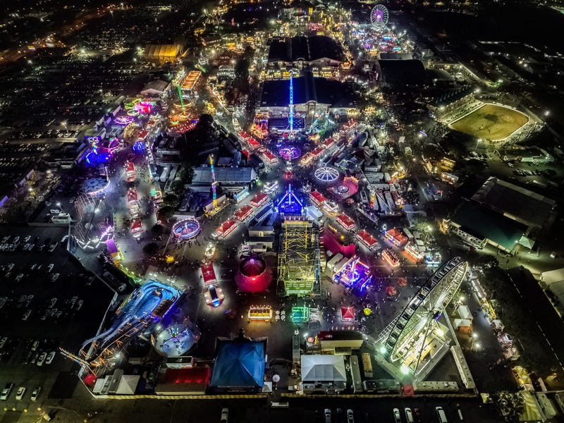 Aerial view of the Orange County Fair at night.