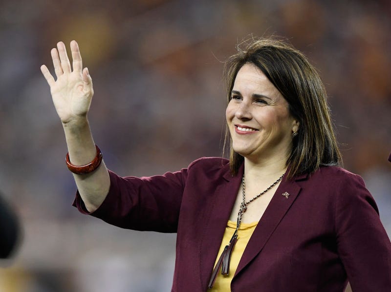 Joan Gabel, president of the University of Minnesota, acknowledges the crowd during the first quarter of the game between the Minnesota Gophers and the South Dakota State Jackrabbits on August 29, 2018 at TCF Bank Stadium in Minneapolis, Minnesota.
