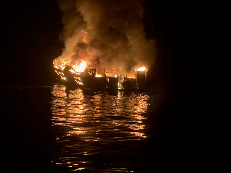 In this handout provided by Santa Barbara County Fire Department, the 75-foot Conception, based in Santa Barbara Harbor, burns after catching fire early September 2, 2019 anchored off Santa Cruz Island, California.