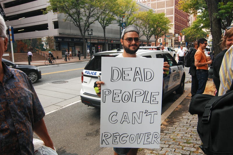 Advocates for safe injection sites rally in Philadelphia in 2019, calling for evidence-based harm-reduction policies, an end to the dehumanization of people with addiction, and the opening of a safe injection site in Philadelphia.