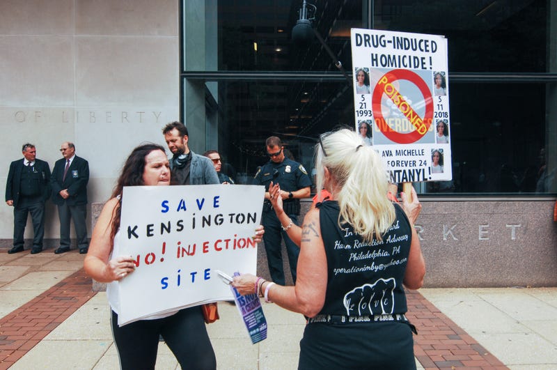 Opponents of safe injection sites protest against advocates rallying in favor of safe injection sites in Philadelphia in 2019.