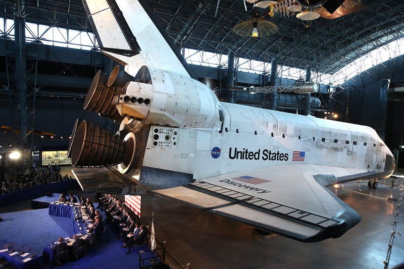 CHANTILLY, VIRGINIA - AUGUST 20: The Space Shuttle Discovery is the back drop as U.S. Vice President Mike Pence chairs the 6th meeting of the National Space Council on "Leading the Next Frontier" at the National Air and Space Museum, Steven F. Udvar-Hazy Center, August 20, 2019 in Chantilly, Virginia. Originally established in 1958, this is the 6th meeting of the newly reestablished council in 20 years. (Photo by Mark Wilson/Getty Images)