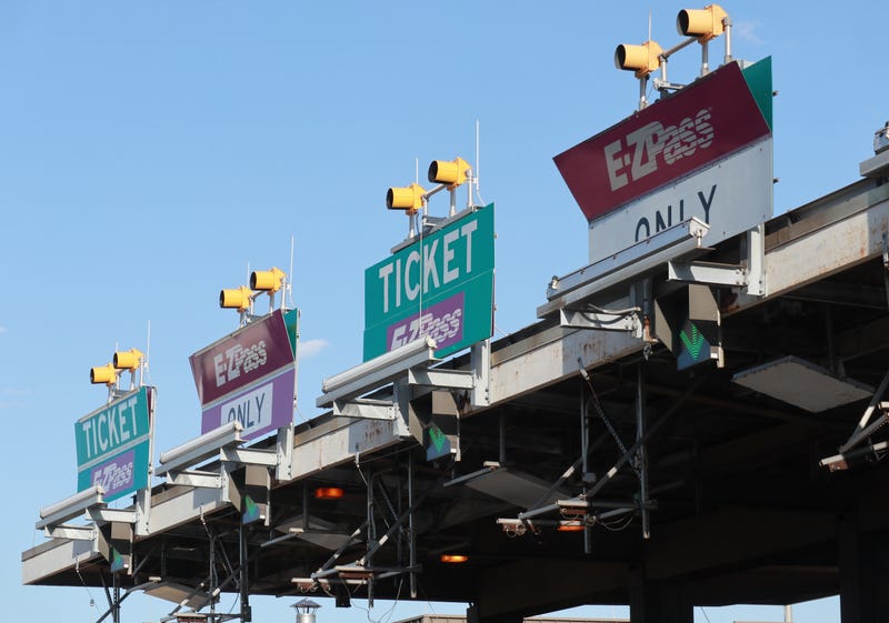 E-Z Pass lanes are marked at a toll plaza on the New Jersey Turnpike on Aug. 29, 2019 in Newark.