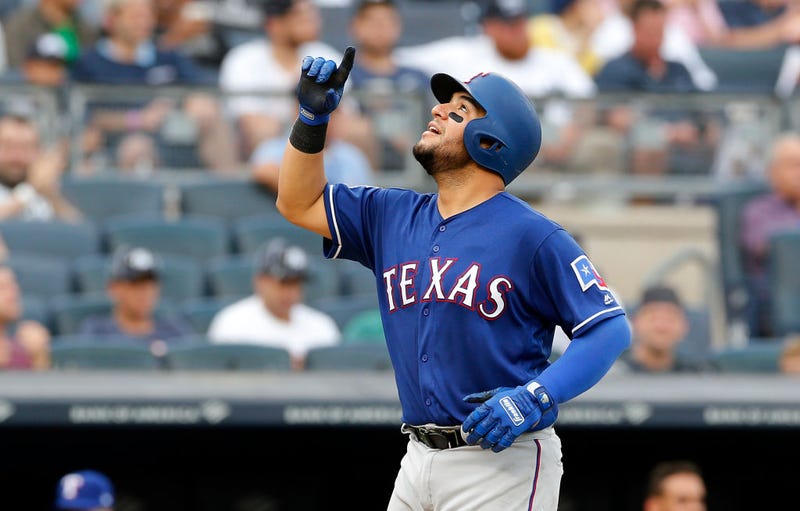 Jose Trevino #56 of the Texas Rangers celebrates as he runs the bases after his fifth inning home run against the New York Yankees at Yankee Stadium on September 02, 2019 in New York City.