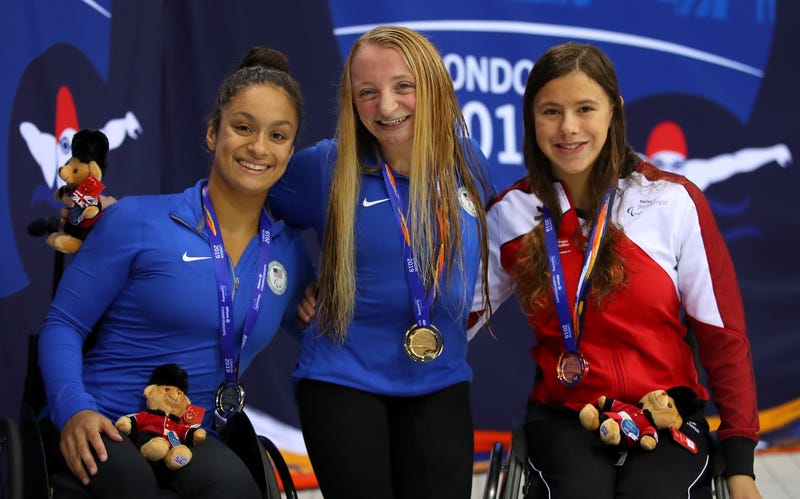 McKenzie Coan (gold) and Ahalya Lettenberger (silver) of the USA and Nora Meister of Switzerland (bronze) pose with their medals after the Women's 400m Freestyle S7 Final during Day Two of the London 2019 World Para-swimming Allianz Championships at the London Aquatics Centre on September 10, 2019 in London, England.