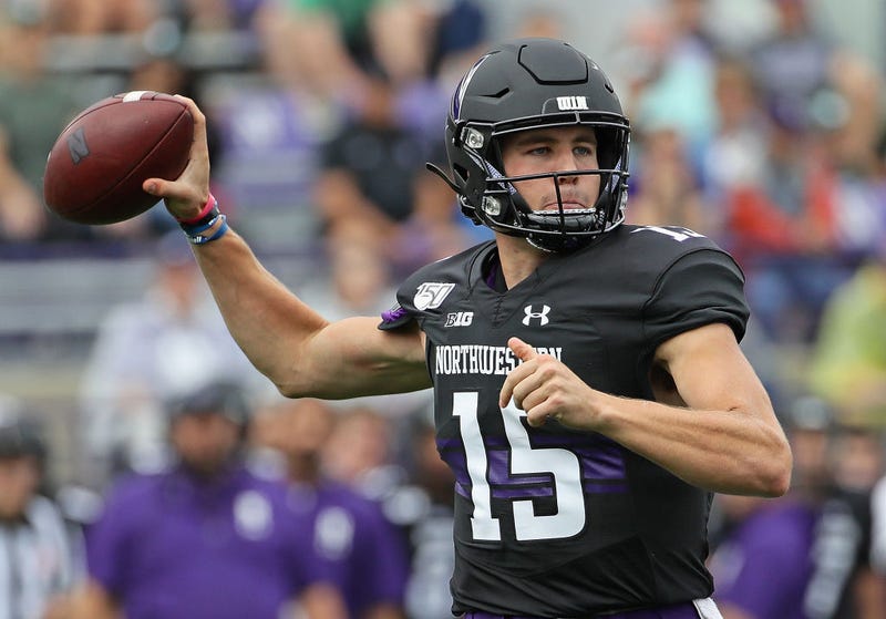 Hunter Johnson #15 of the Northwestern Wildcats passes against the Michigan State Spartans at Ryan Field on September 21, 2019 in Evanston, Illinois.