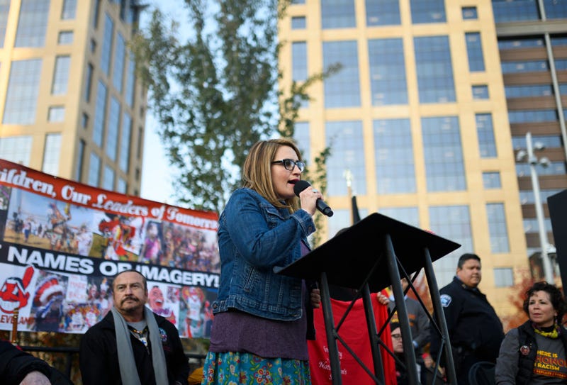 Lt. Governor of Minnesota Peggy Flanagan speaks at a protest rally outside U.S. Bank Stadium.