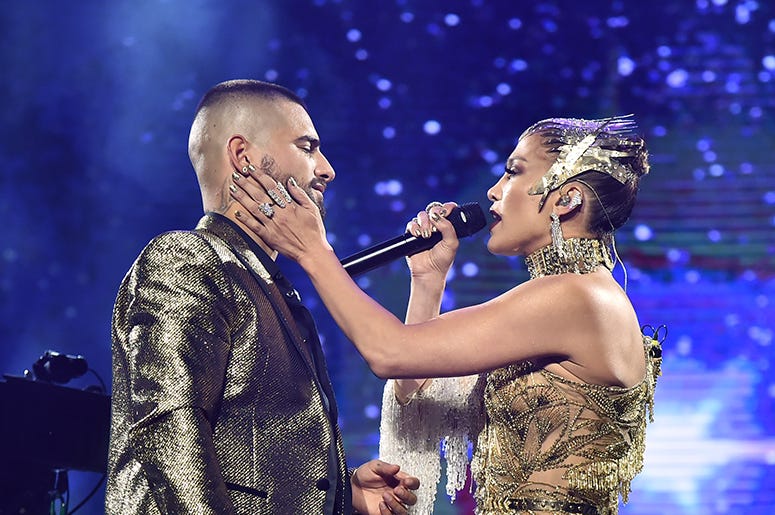 Maluma performs with special guest Jennifer Lopez at Madison Square Garden on October 04, 2019 in New York City.