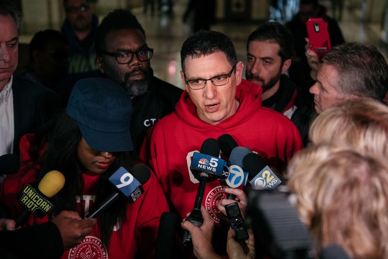 Chicago Teachers Union president Jesse Sharkey addresses the media at City Hall after the announcement of a deal to end an 11 day teachers strike on October 31, 2019 in Chicago, Illinois. Union leadership expressed dissatisfaction with Mayor Lori Lightfoot's earlier refusal to add ten paid teaching days lost during the strike are added to the year's school calendar.