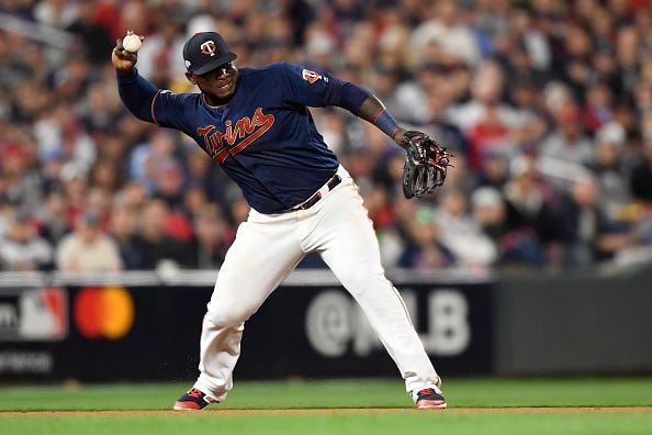 Miguel Sano #22 of the Minnesota Twins turns a double play against the New York Yankees to end the seventh inning in game three of the American League Division Series at Target Field on October 07, 2019 in Minneapolis, Minnesota. 