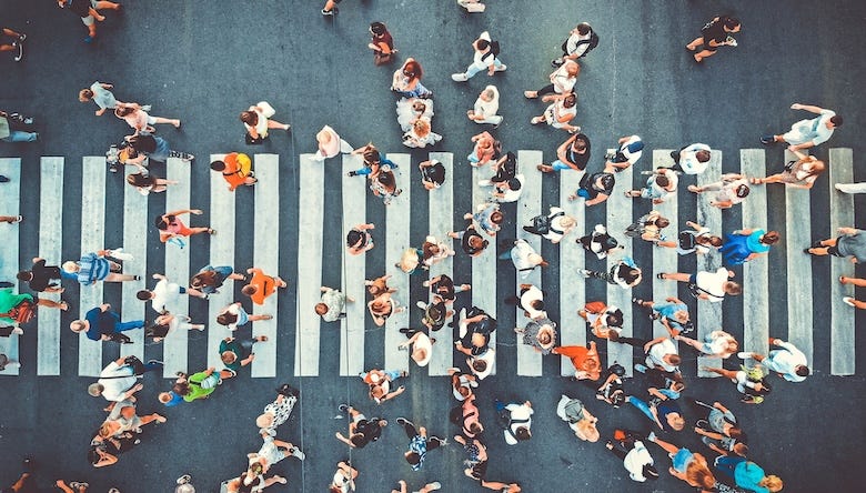 Aerial view of people walking on a sidewalk
