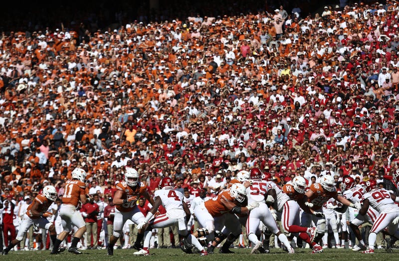 A general view of play between the Texas Longhorns and the Oklahoma Sooners during the 2019 AT&T Red River Showdown at Cotton Bowl on Oct. 12, 2019, in Dallas, Texas.