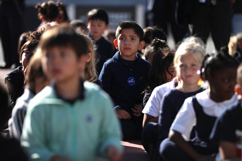 Rosa Parks Elementary School students assemble on the playground during the Great California Shakeout Earthquake Drill on October 17, 2019 in San Francisco, California.