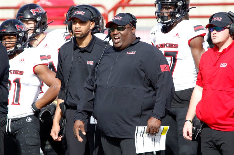 Head coach Thomas Hammock of the Northern Illinois Huskies on the sidelines in the game against the Miami of Ohio Redhawks during the second quarter at Yager Stadium on October 19, 2019 in Oxford, Ohio.