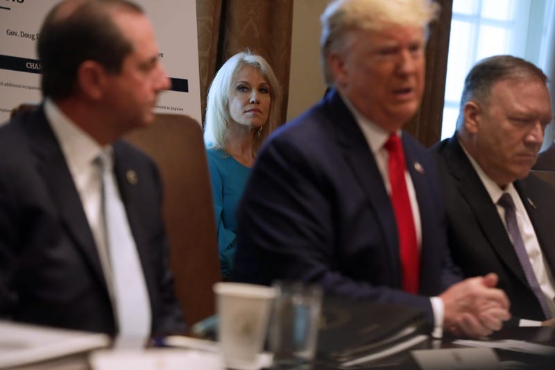 Kellyanne Conway listens as former President Donald Trump speaks at a White House cabinet meeting.