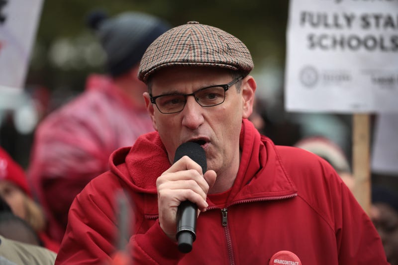 Chicago Teachers' Union President Jesse Sharkey visits with striking Chicago teachers at Oscar DePriest Elementary School on October 22, 2019 in Chicago, Illinois.