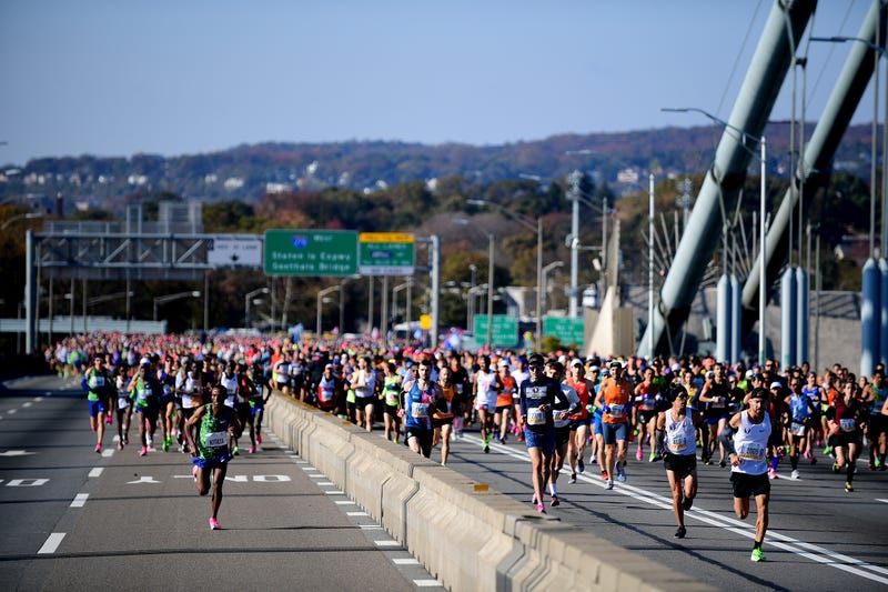 Participants of the TCS New York City Marathon run over the Verrazzano Bridge at the start of the race on November 03, 2019 in the Staten Island borough of New York City.