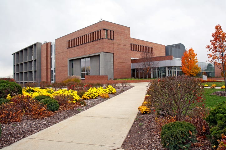 Generic university building, exterior shot during the fall