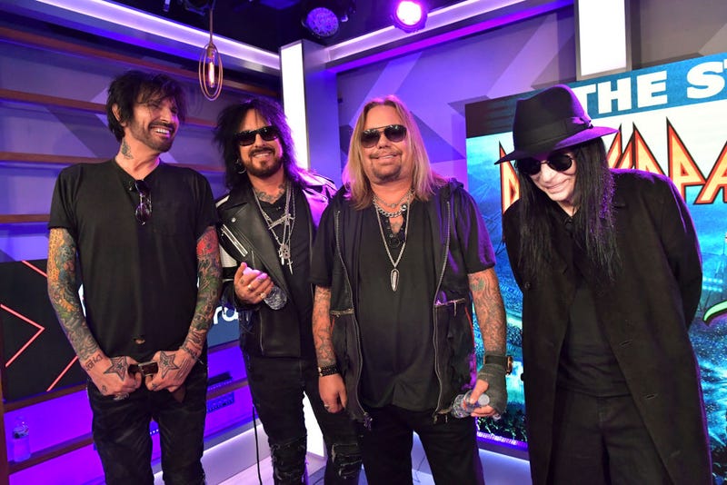 (L-R) Tommy Lee, Nikki Sixx, Vince Neil, and Mick Mars of Motley Crue attend the press conference for THE STADIUM TOUR DEF LEPPARD - MOTLEY CRUE - POISON on December 04, 2019 in Los Angeles, California.