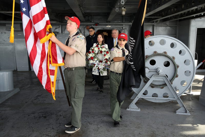 ALAMEDA, CALIFORNIA - NOVEMBER 11: California Lt. Gov. Eleni Kounalakis carries a wreath during a Veterans Day celebration aboard the USS Hornet on November 11, 2019 in Alameda, California. Dozens of veterans and guests attended the annual Veterans Day celebration aboard the historic aircraft carrier.
