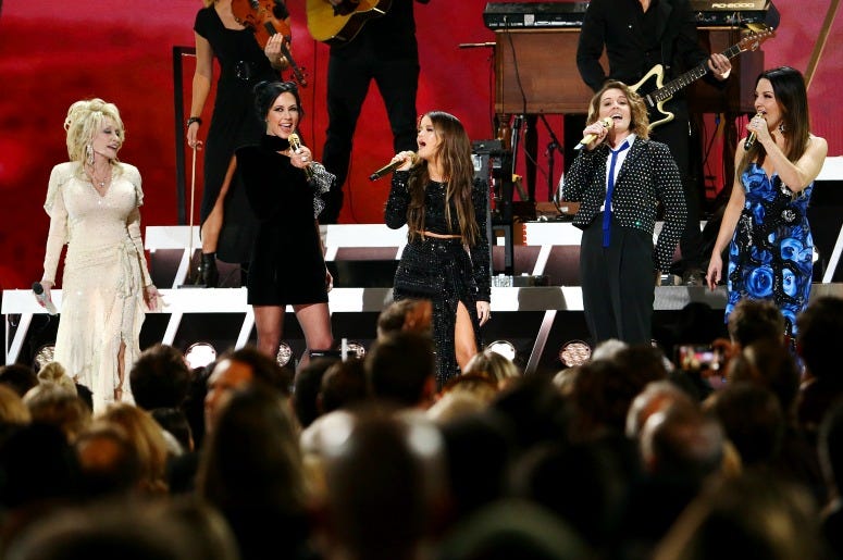 Dolly Parton, Amanda Shires, Maren Morris, Brandi Carlile and Natalie Hemby of The Highwomen perform onstage during the 53rd annual CMA Awards 