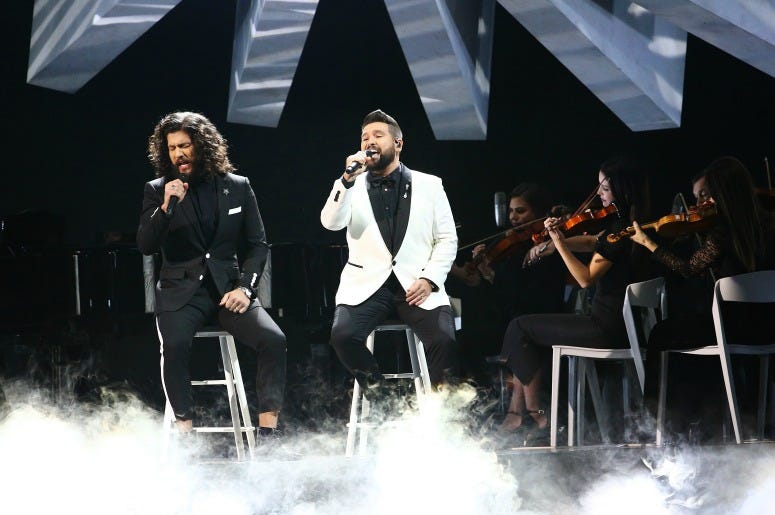 Dan Smyers and Shay Mooney of Dan + Shay performs onstage during the 53rd annual CMA Awards 