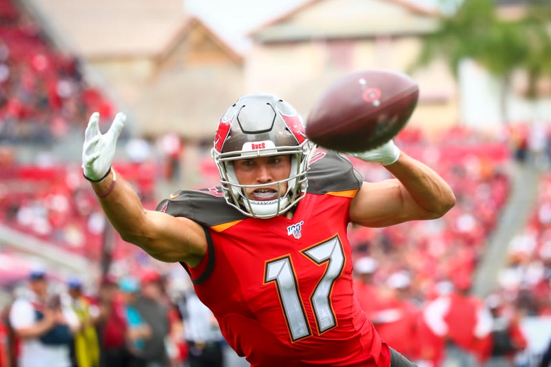 Tampa Bay Buccaneers receiver Justin Watson reaches for a pass in the end zone during the first half against the Houston Texans on December 21, 2019 at Raymond James Stadium in Tampa, Florida.