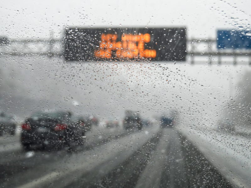Winter storm through car windshield