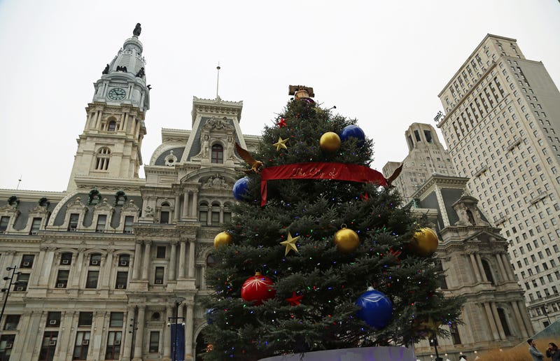 Christmas tree and City Hall - stock photo