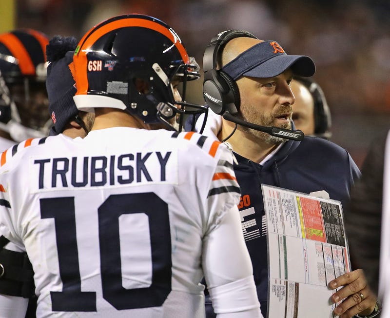 Head coach Matt Nagy and Mitchell Trubisky #10 of the Chicago Bears wait to call a play against the Dallas Cowboys at Soldier Field on December 05, 2019 in Chicago, Illinois.