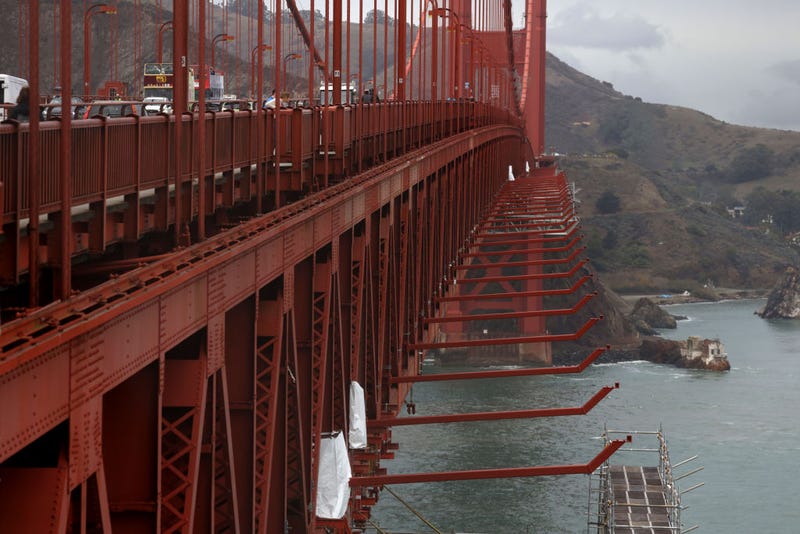 Support struts that are part of the new suicide prevention net are visible on the Golden Gate Bridge on December 13, 2019 in San Francisco, California.