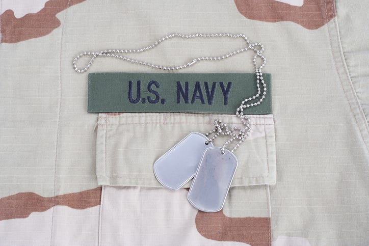 US NAVY branch tape with dog tags with dog tags on desert camouflage uniform background. 