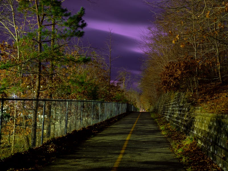 Long exposure photo of the Shining Sea Bike Trail at night