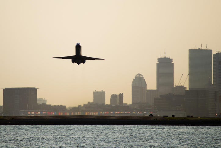 Airplane taking off from Boston Logan International Airport