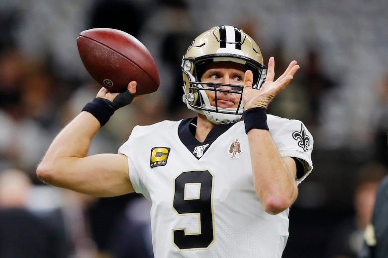 Drew Brees #9 of the New Orleans Saints warms up before the NFC Wild Card Playoff game against the Minnesota Vikings at Mercedes Benz Superdome on January 05, 2020