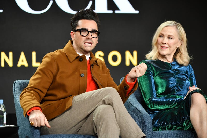 Daniel Levy and Catherine O'Hara of "Schitt's Creek" speaks during the Pop TV segment of the 2020 Winter TCA Press Tour at The Langham Huntington, Pasadena on January 13, 2020 in Pasadena, California.