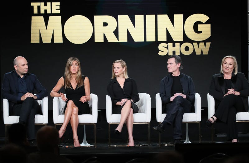 (L-R) Michael Ellenberg, Jennifer Aniston, Reese Witherspoon, Billy Crudup and Mimi Leder of "The Morning Show" speak onstage during the Apple TV+ segment of the 2020 Winter TCA Tour at The Langham Huntington, Pasadena on January 19, 2020 in Pasadena, California.