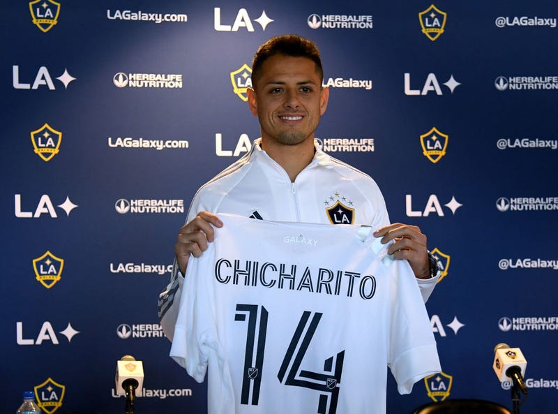  Javier "Chicharito" Hernandez poses with his jersey during a press conference at Dignity Health Sports Park on January 23, 2020 in Carson, California. 