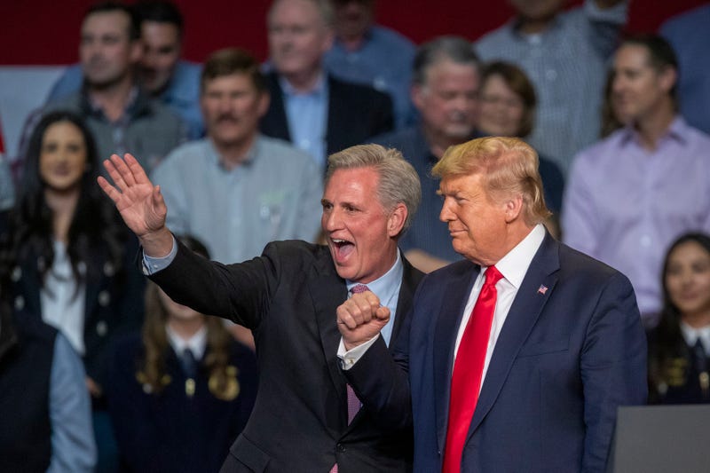 House Minority Leader Kevin McCarthy and U.S. President Donald Trump attend a legislation signing rally with local farmers on February 19, 2020 in Bakersfield, California.