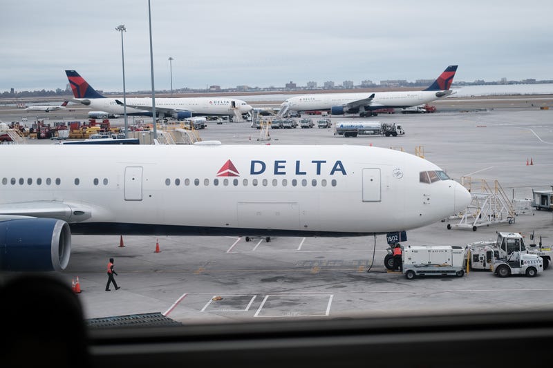 Delta airplanes sit on the tarmac at John F. Kennedy Airport (JFK) on January 31, 2020