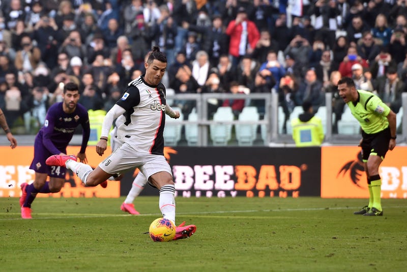 Cristiano Ronaldo of Juventus scores a penalty during the Serie A match between Juventus and ACF Fiorentina at Allianz Stadium on February 02, 2020 in Turin, Italy. 