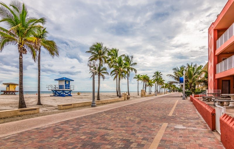 Boardwalk and bikeway along the beach in Hollywood, Florida.
