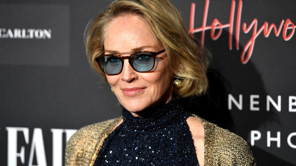 Sharon Stone, 63, lounges poolside in black swimsuit with her French bulldog