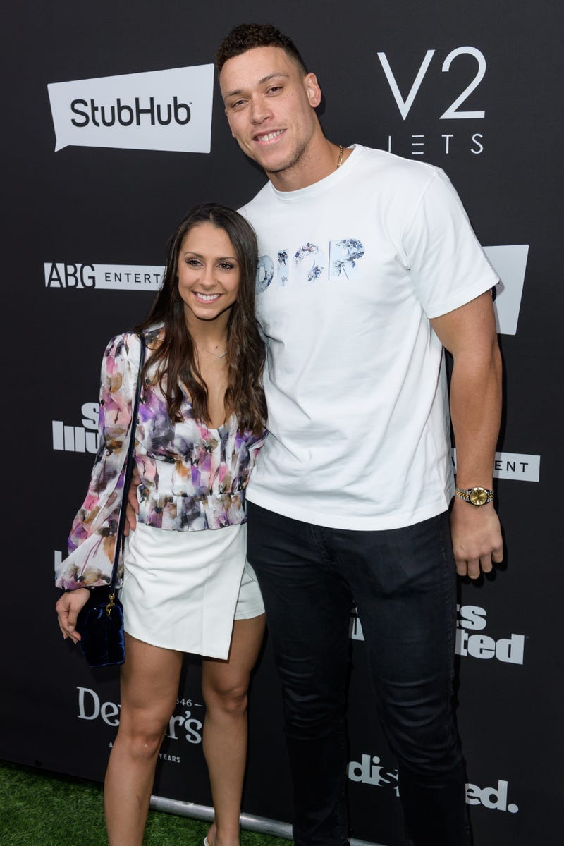 Samantha Bracksieck and Aaron Judge arrive at the Sports Illustrated Super Bowl Party at Fontainebleau Miami Beach on February 1, 2020 in Miami Beach, Florida. 