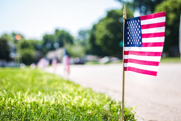 Flags planted on lawns in neighborhood