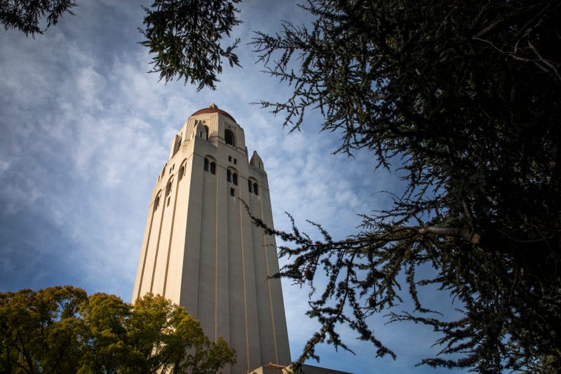 Hoover Tower looms during a quiet morning at Stanford University on March 9, 2020 in Stanford, California. 