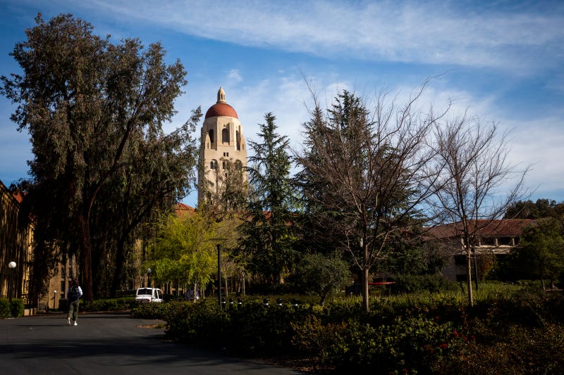Hoover Tower looms during a quiet morning at Stanford University on March 9, 2020 in Stanford, California.