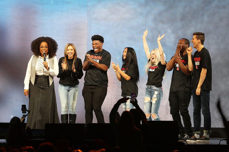 Oprah Winfrey speaks with the cast of Netflix's "Cheer", (L-R) Monica Aldama, Jerry Harris, Gabi Butler, Lexi Brumback, TT Barker and Dillon Brandt
